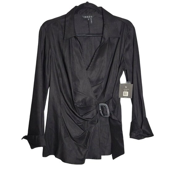 NWT Y2K Women's Medium Corp Core Wrap Belted Long Sleeve Blouse Black Career Off - Picture 1 of 8